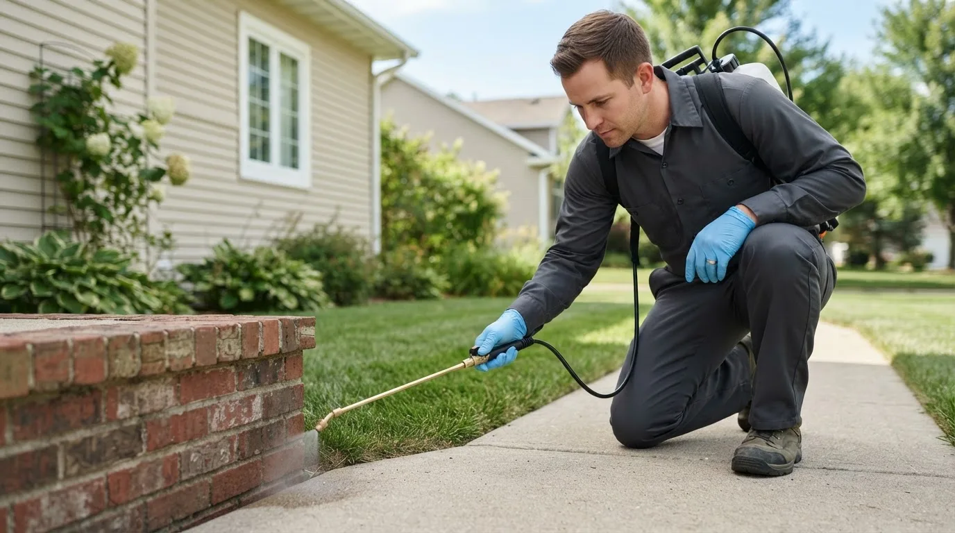 Pest control technician treating a home near Sanbornton, NH